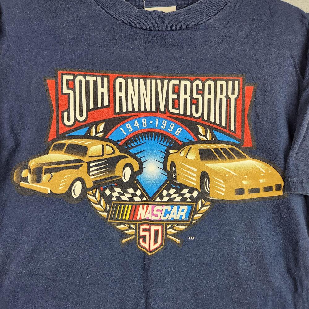 Vintage NASCAR Shirt Mens Large Blue Racing Graphic 50th Anniversary 1998 90s